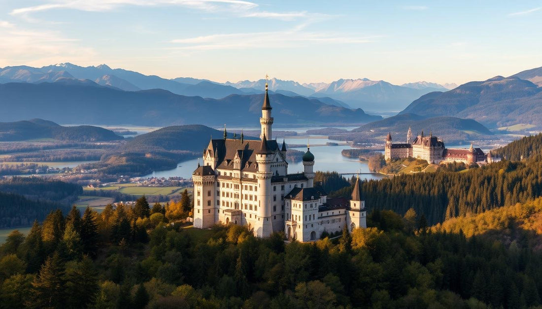A fairy-tale castle on a wooded hill above Bavarian lakes and Alpine peaks