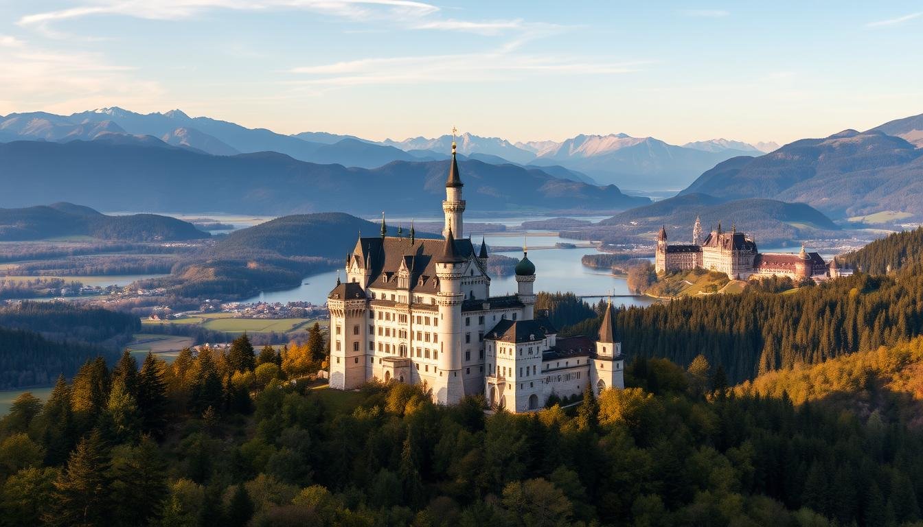 A fairy-tale castle on a wooded hill above Bavarian lakes and Alpine peaks