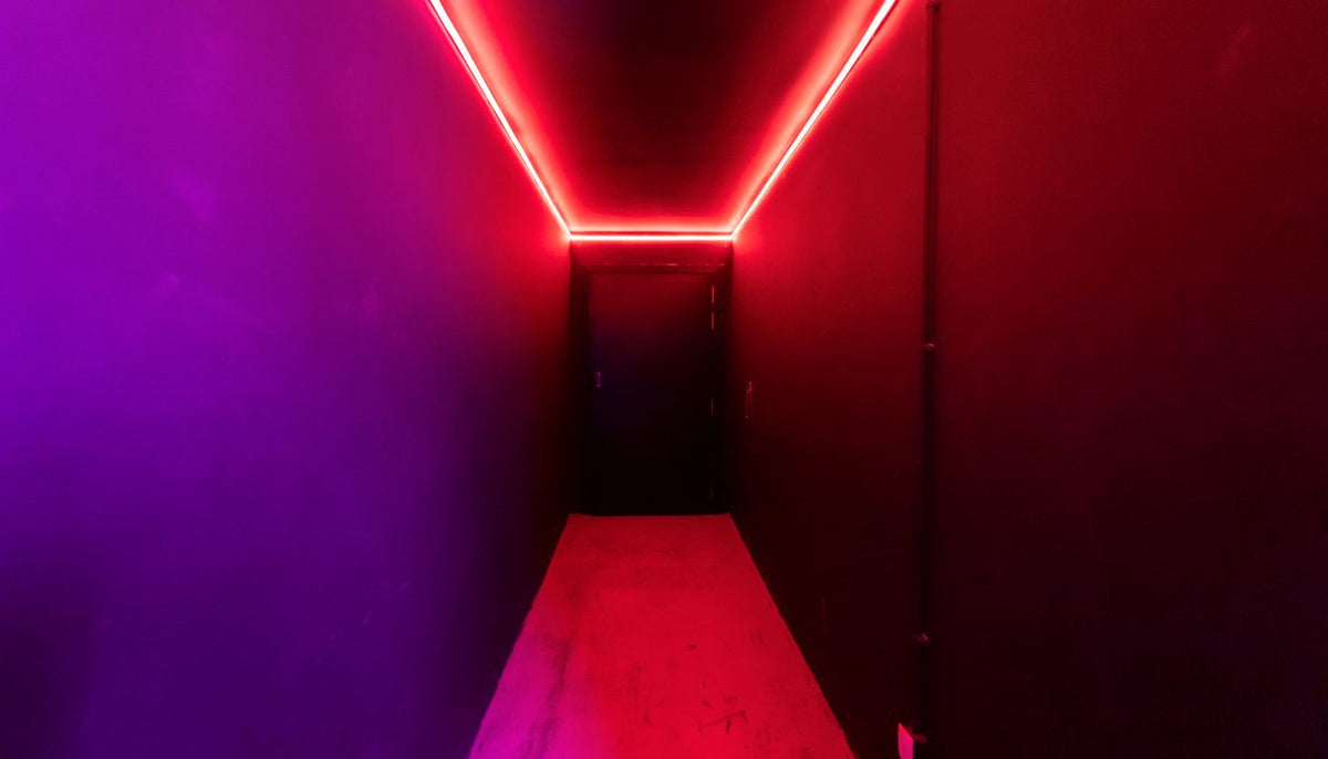 Dark corridor lit by red and purple neon lights