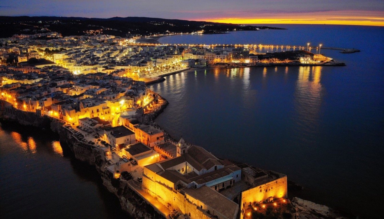 Aerial view of Vieste at dusk, on the Gargano promontory in Puglia